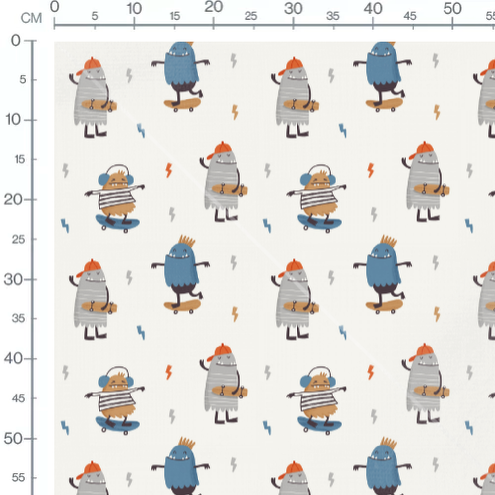 Tissu - Monstres et éclairs sur blanc