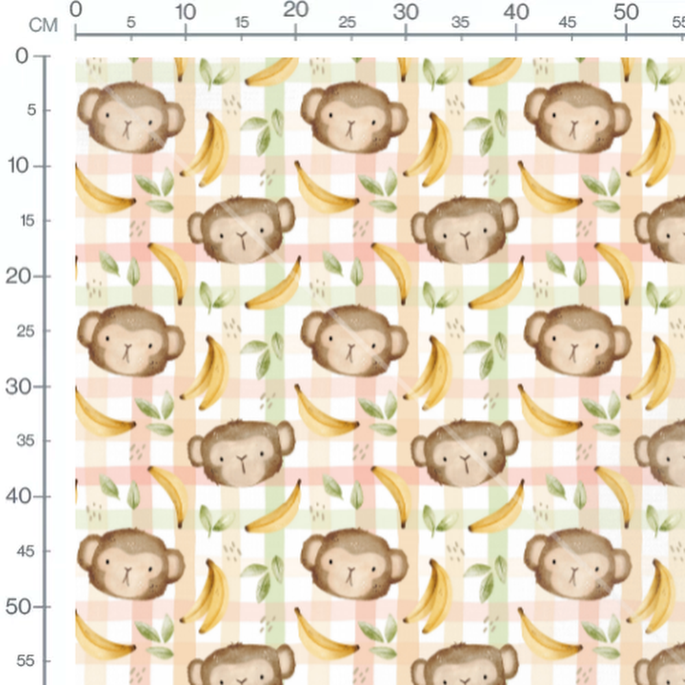 Tissu - Singes et bananes à carreaux
