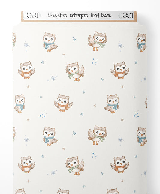 Tissu - Chouettes écharpes fond blanc