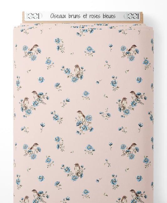 Tissu - Oiseaux bruns et roses bleues