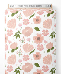 Tissu - Fleurs roses et baies délicates