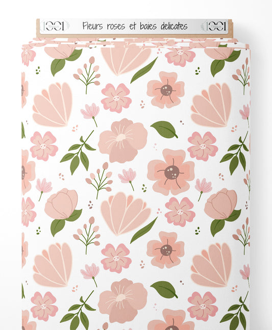 Tissu - Fleurs roses et baies délicates