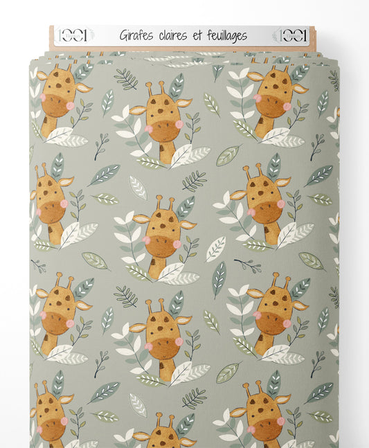 Tissu - Girafes claires et feuillages