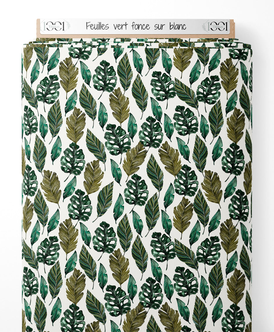 Tissu - Feuilles vert foncé sur blanc