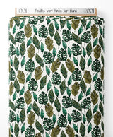 Tissu - Feuilles vert foncé sur blanc