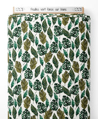 Tissu - Feuilles vert foncé sur blanc