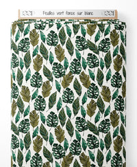 Tissu - Feuilles vert foncé sur blanc