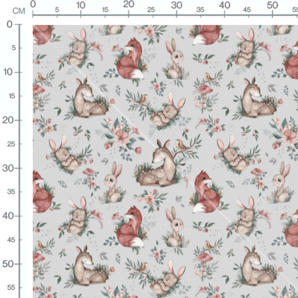 Tissu - Faons et fleurs sur fond gris