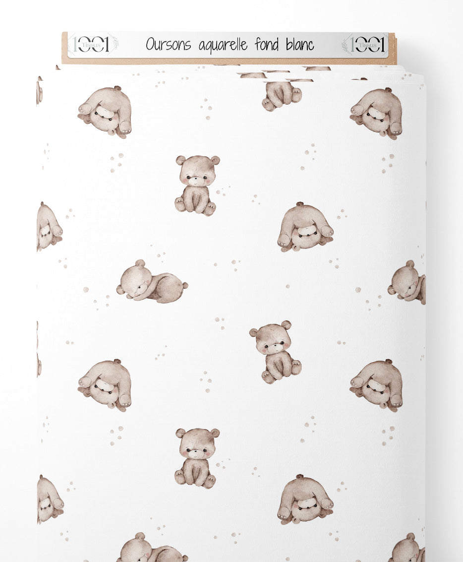Tissu - Oursons aquarelle sur fond blanc