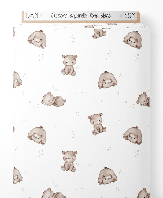 Tissu - Oursons aquarelle sur fond blanc