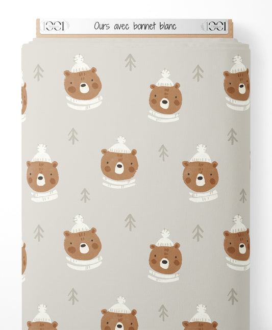Tissu - Ours avec bonnet blanc
