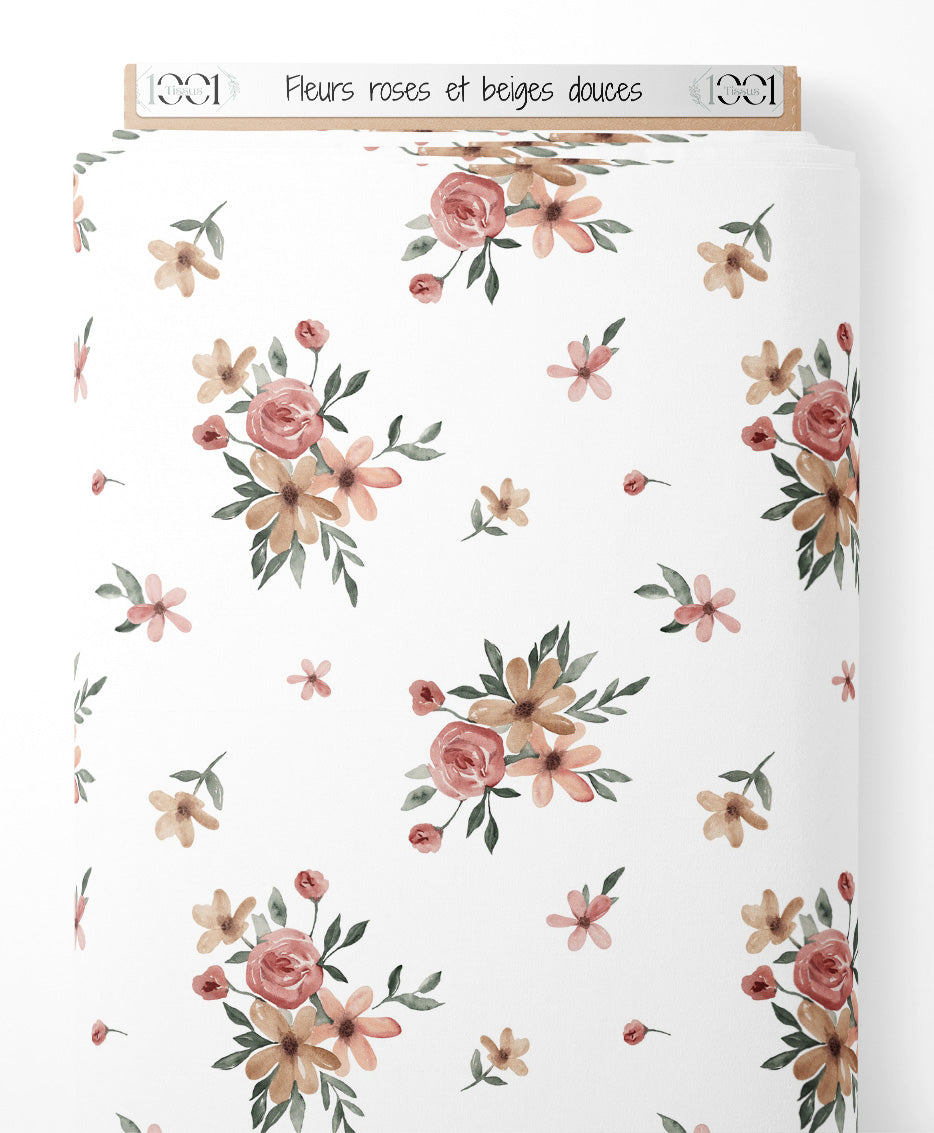 Tissu - Fleurs roses et beiges douces
