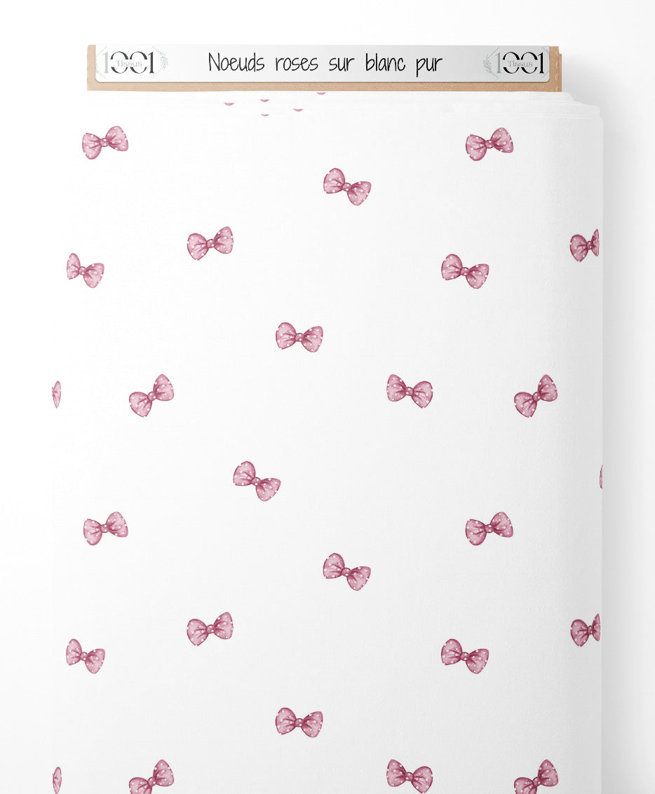 Tissu - Nœuds roses sur blanc pur