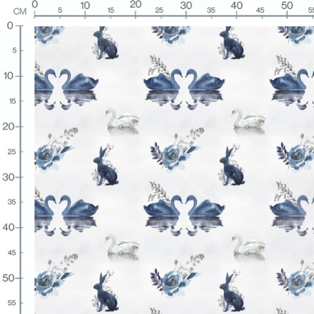 Tissu - Cygnes et lapin bleus