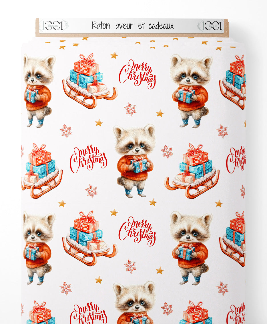 Tissu - Raton laveur et cadeaux