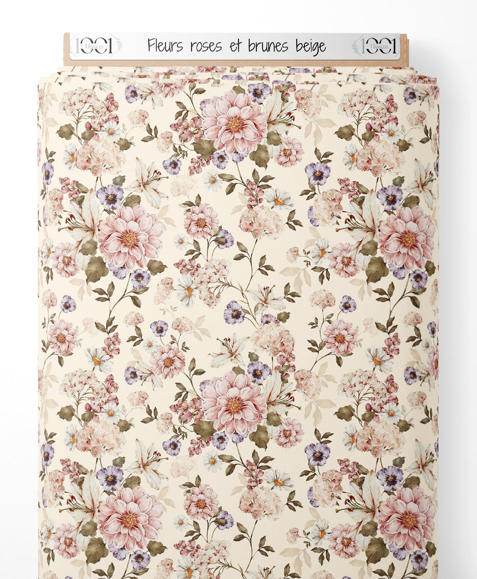 Tissu - Fleurs roses et brunes beige