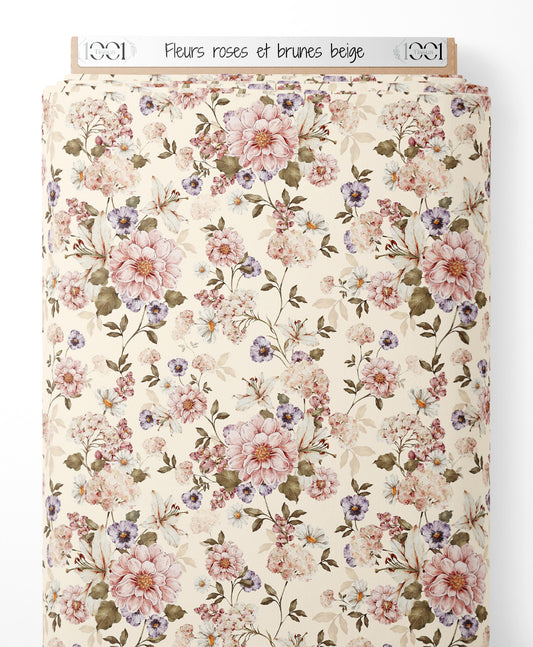 Tissu - Fleurs roses et brunes beige