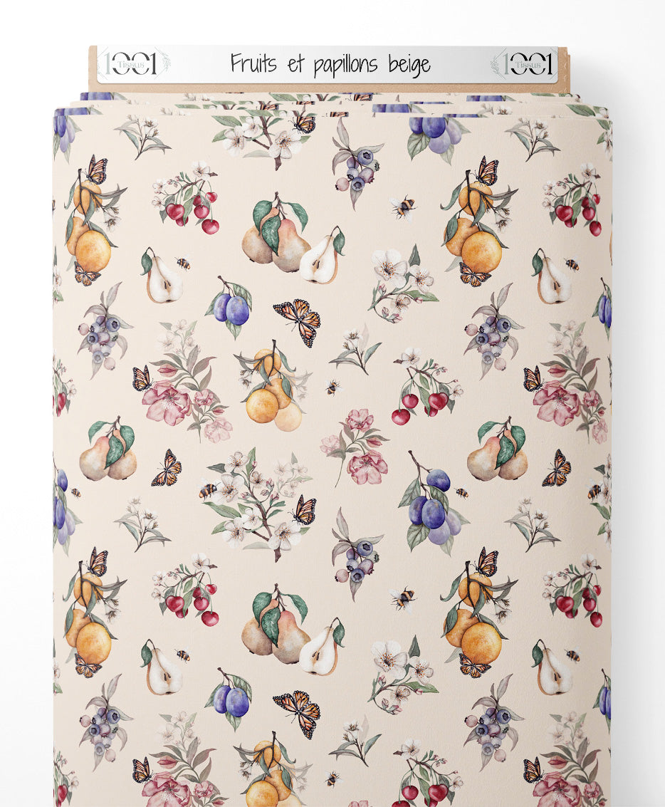 Tissu - Fruits et papillons beige