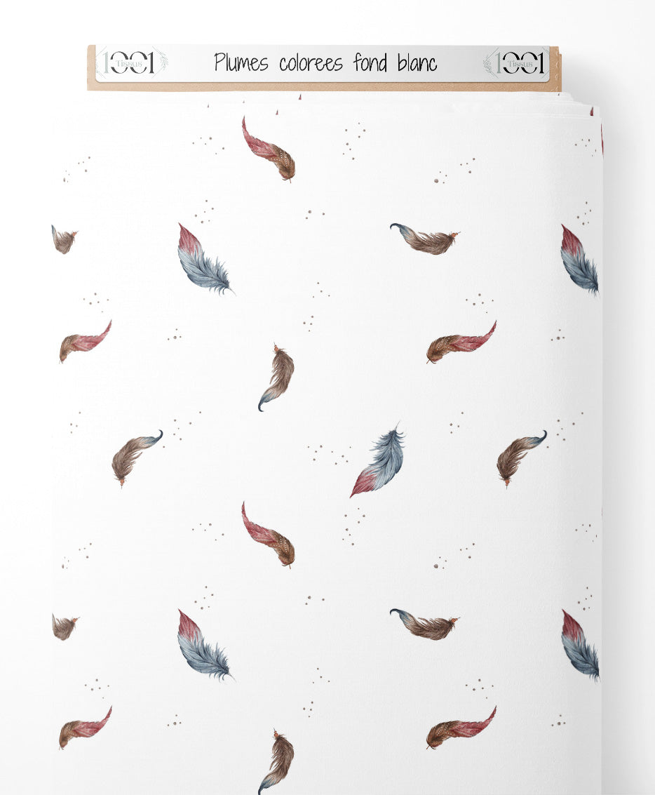 Tissu - Plumes colorées sur fond blanc