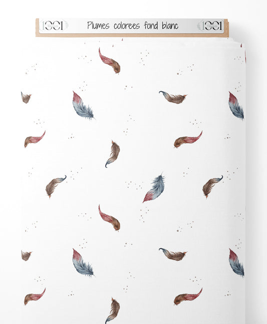 Tissu - Plumes colorées sur fond blanc