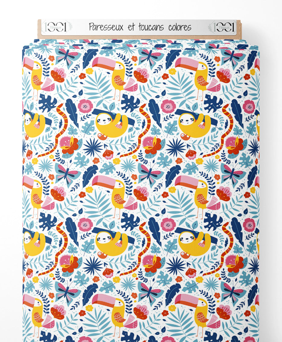 Tissu - Paresseux et toucans colorés