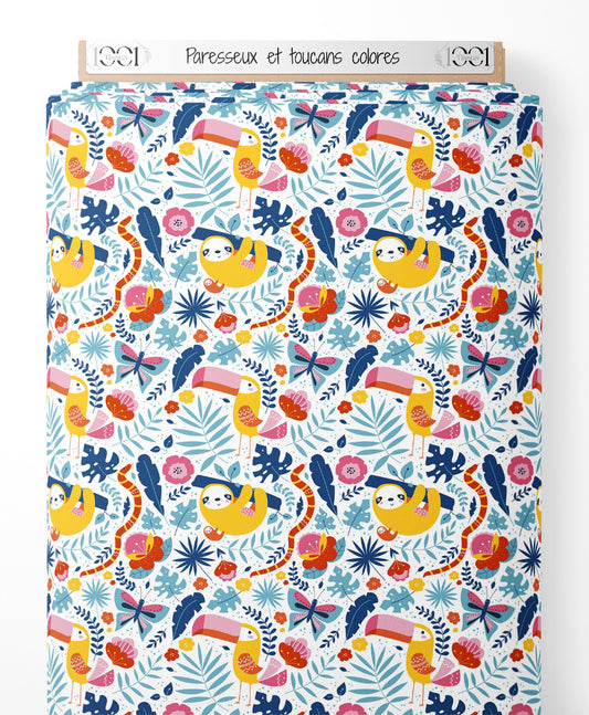 Tissu - Paresseux et toucans colorés