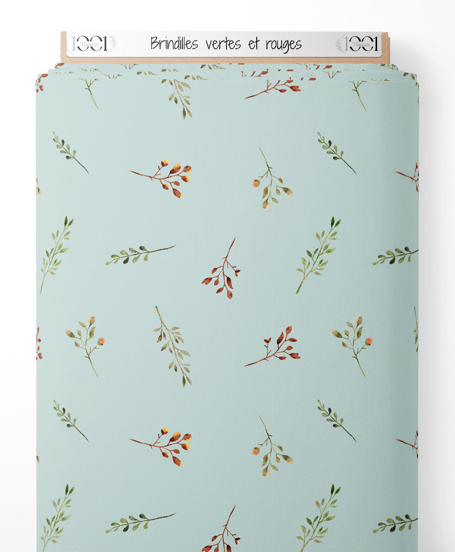 Tissu - Brindilles vertes et rouges