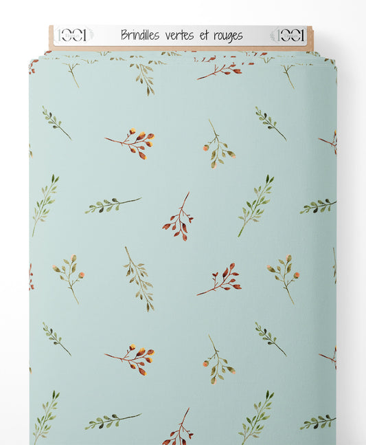 Tissu - Brindilles vertes et rouges