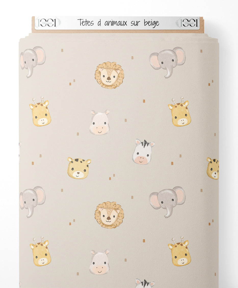 Tissu - Têtes d'animaux sur beige