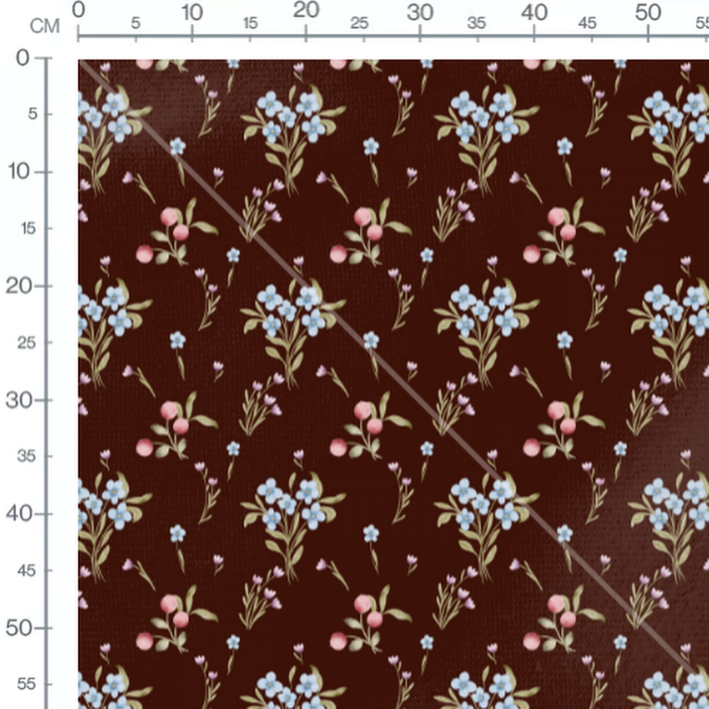 Tissu - Fleurs bleues et roses sur brun