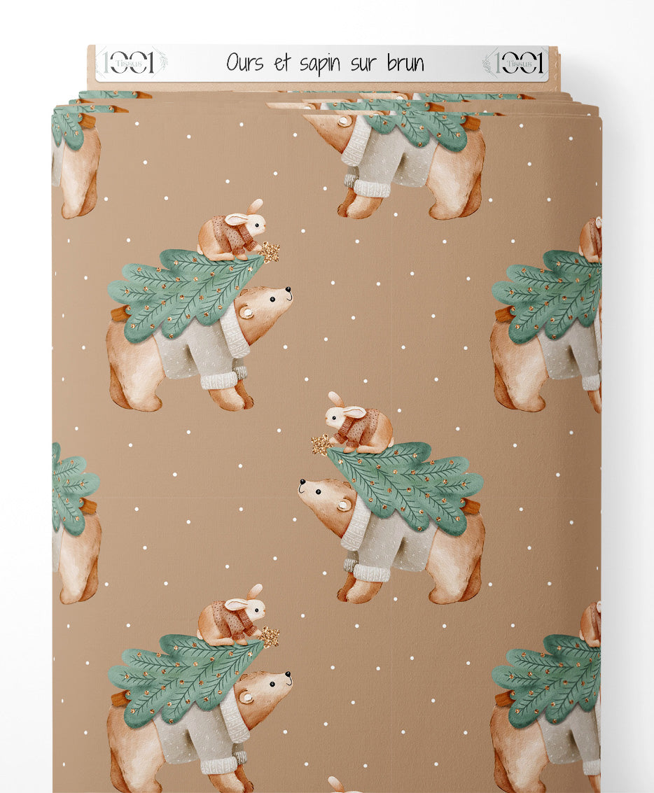 Tissu - Ours et sapin sur brun