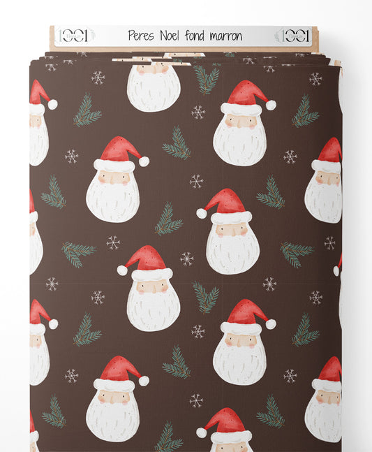Tissu - Pères Noël sur fond marron