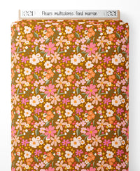 Tissu - Fleurs multicolores sur fond marron