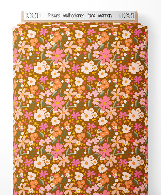Tissu - Fleurs multicolores sur fond marron