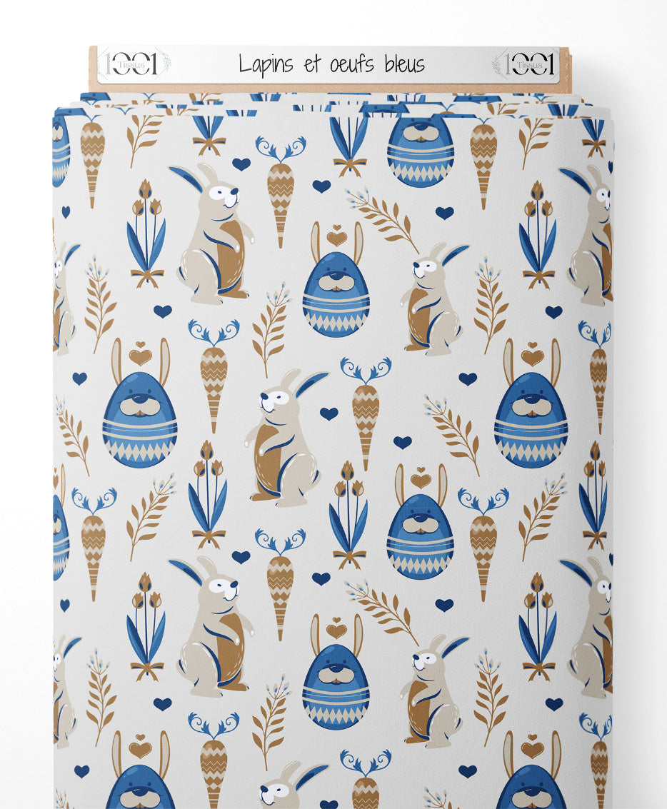 Tissu - Lapins et œufs bleus