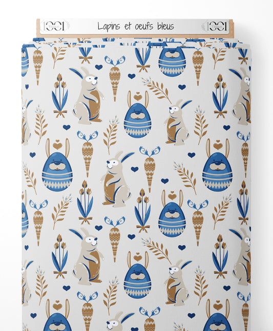 Tissu - Lapins et œufs bleus