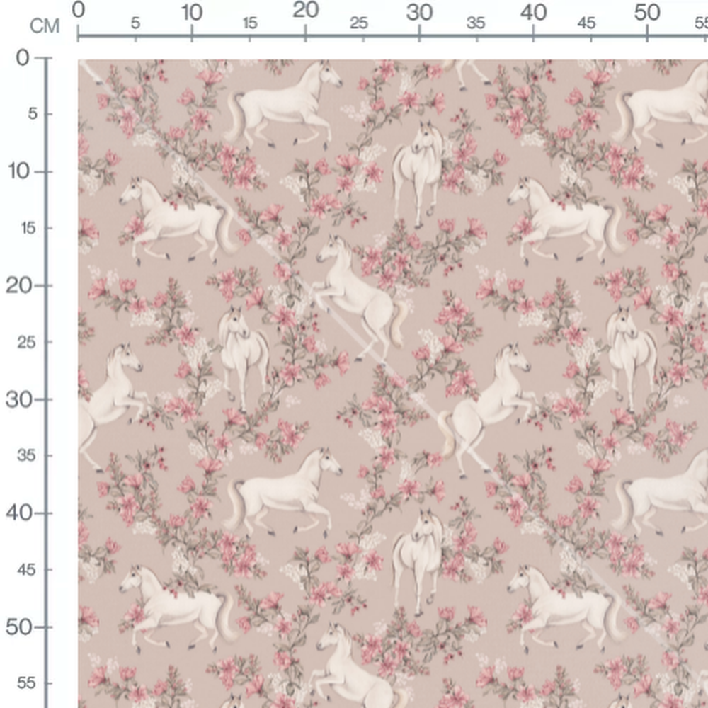 Tissu - Chevaux blancs et fleurs