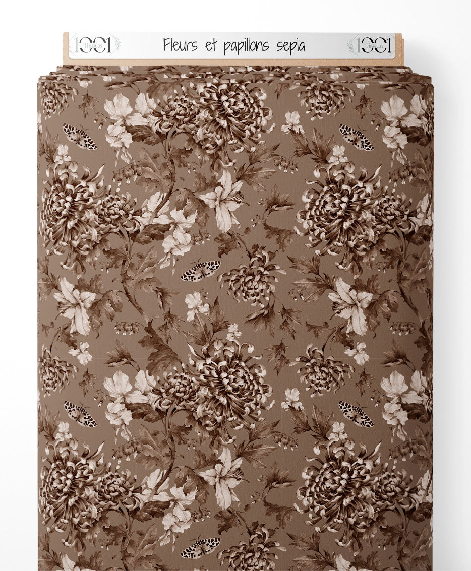 Tissu - Fleurs et papillons sépia