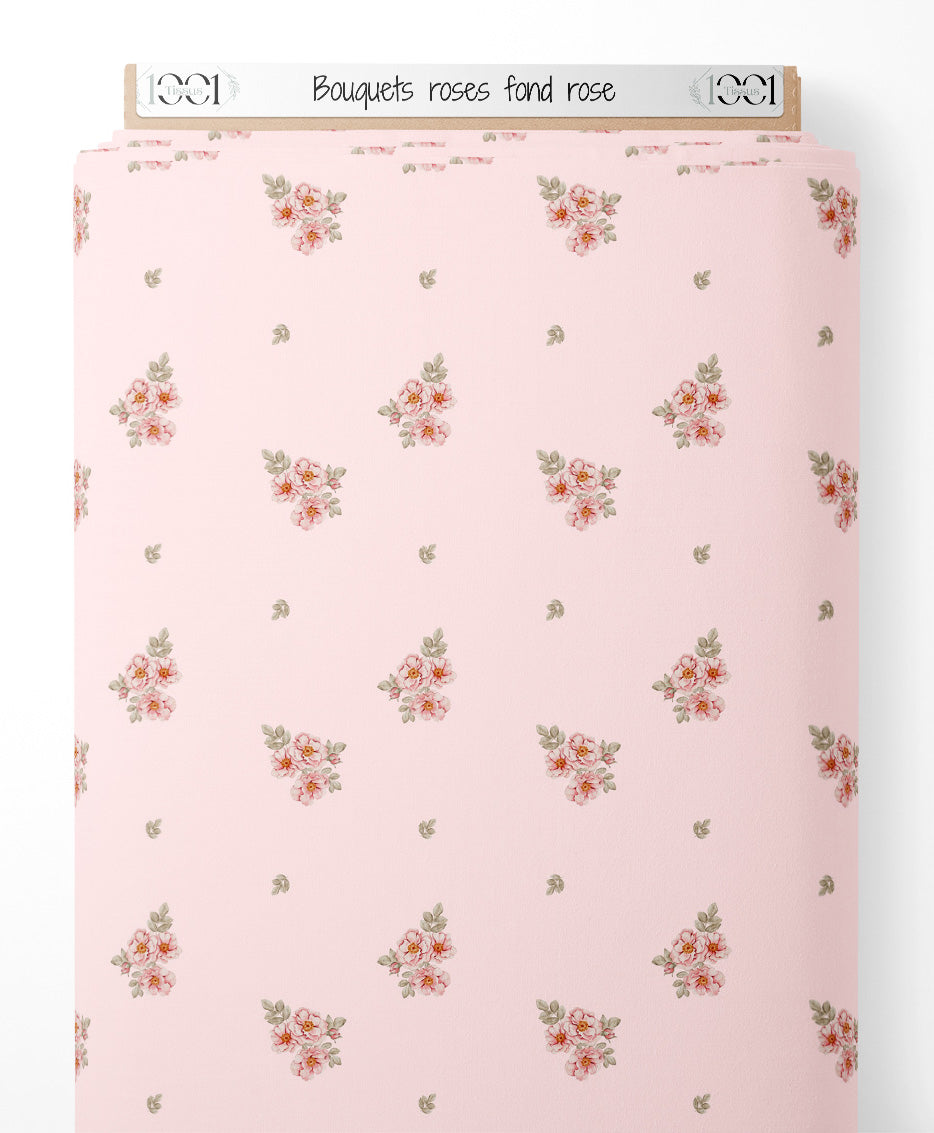 Tissu - Bouquets roses sur fond rose