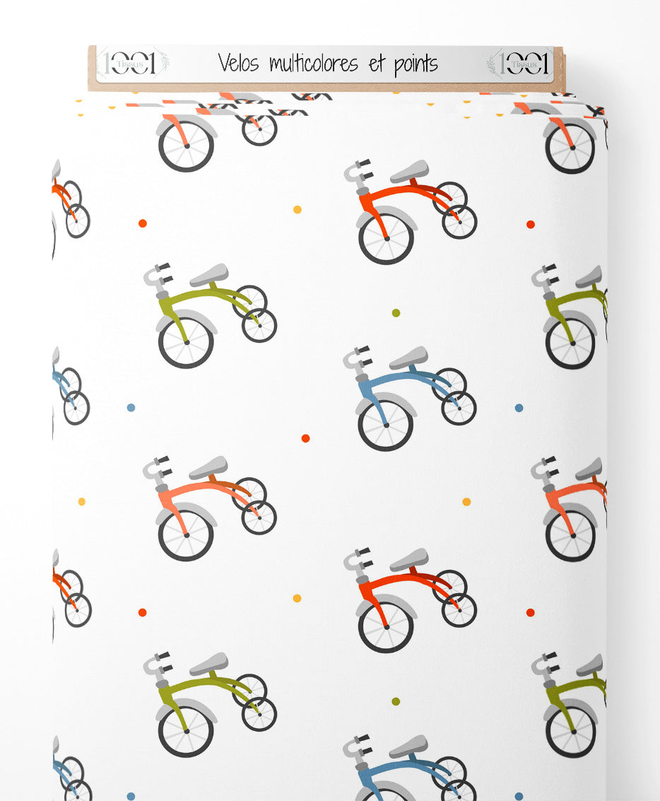 Tissu - Vélos multicolores et points