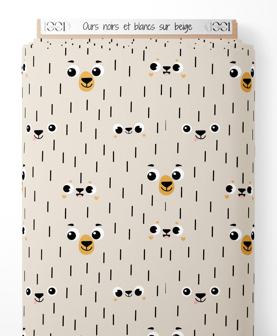 Tissu - Ours noirs et blancs sur beige