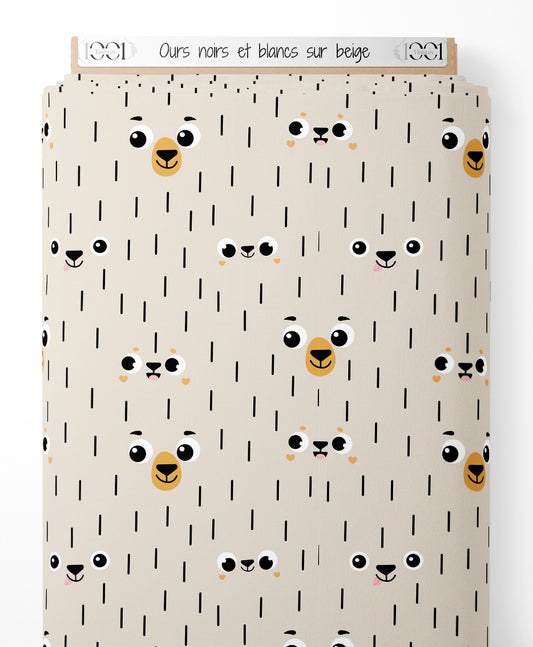 Tissu - Ours noirs et blancs sur beige