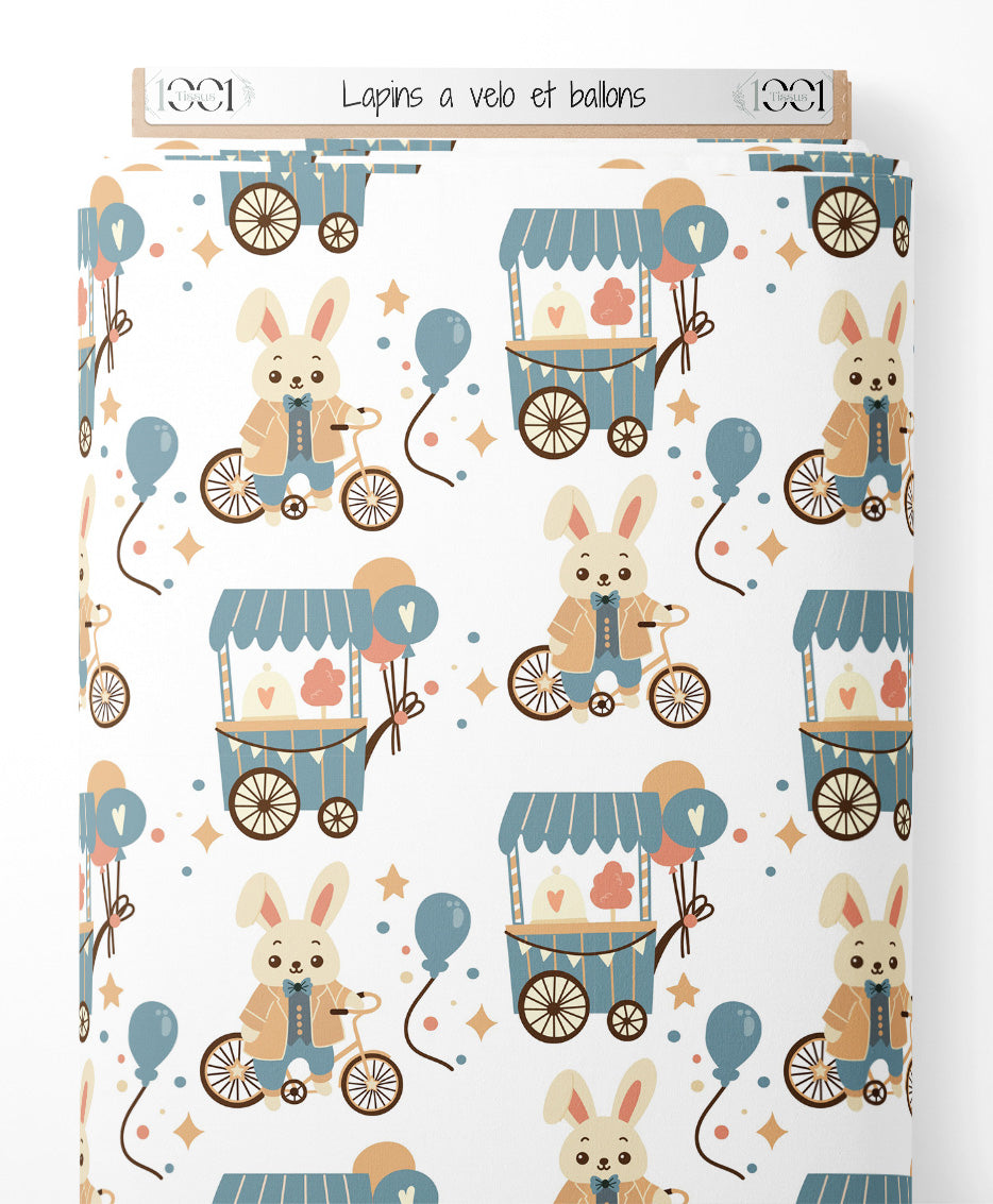 Tissu - Lapins à vélo et ballons