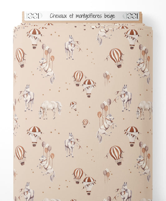 Tissu - Chevaux et montgolfières beige