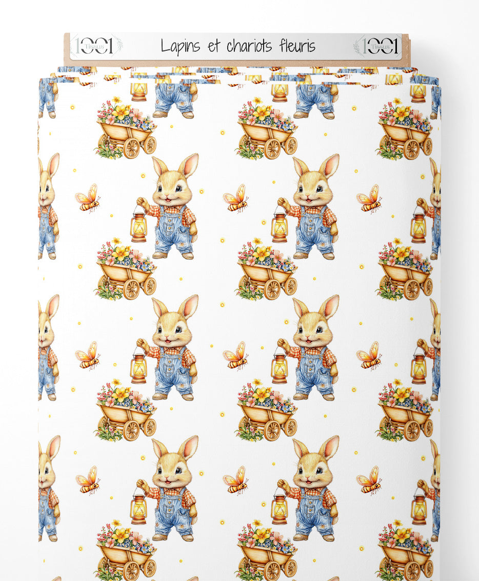Tissu - Lapins et chariots fleuris