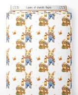 Tissu - Lapins et chariots fleuris