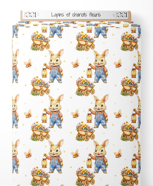 Tissu - Lapins et chariots fleuris