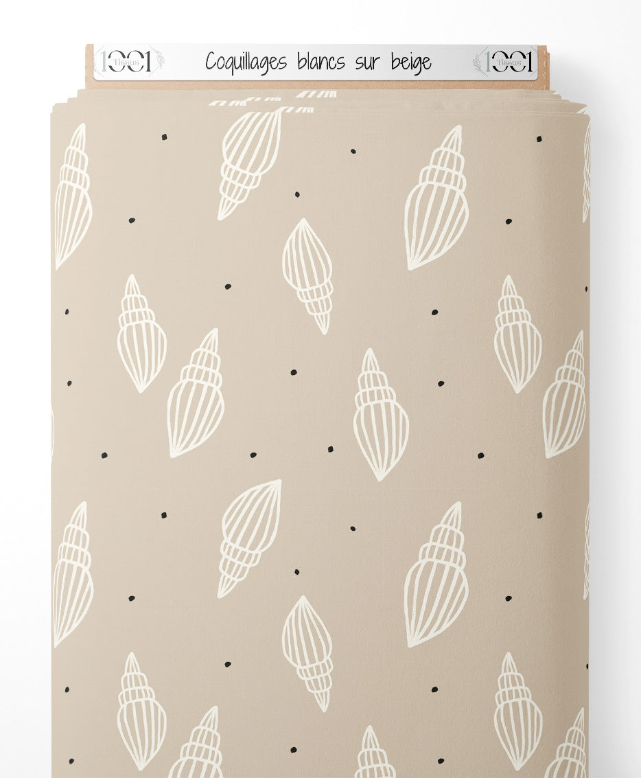 Tissu - Coquillages blancs sur beige