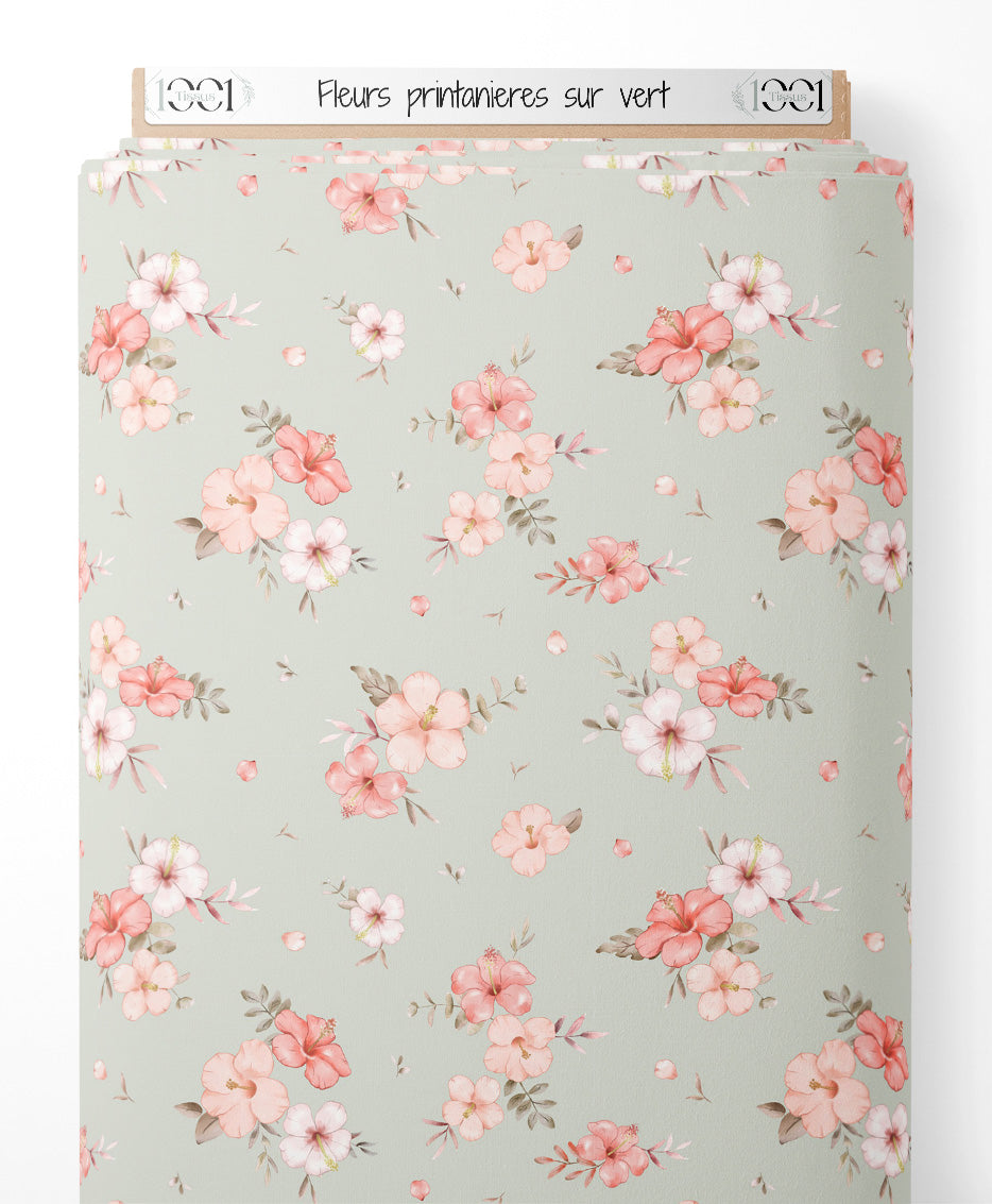 Tissu - Fleurs printanières sur vert