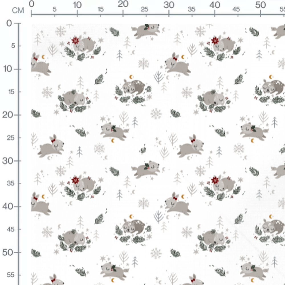 Tissu - Lapins gris et flocons